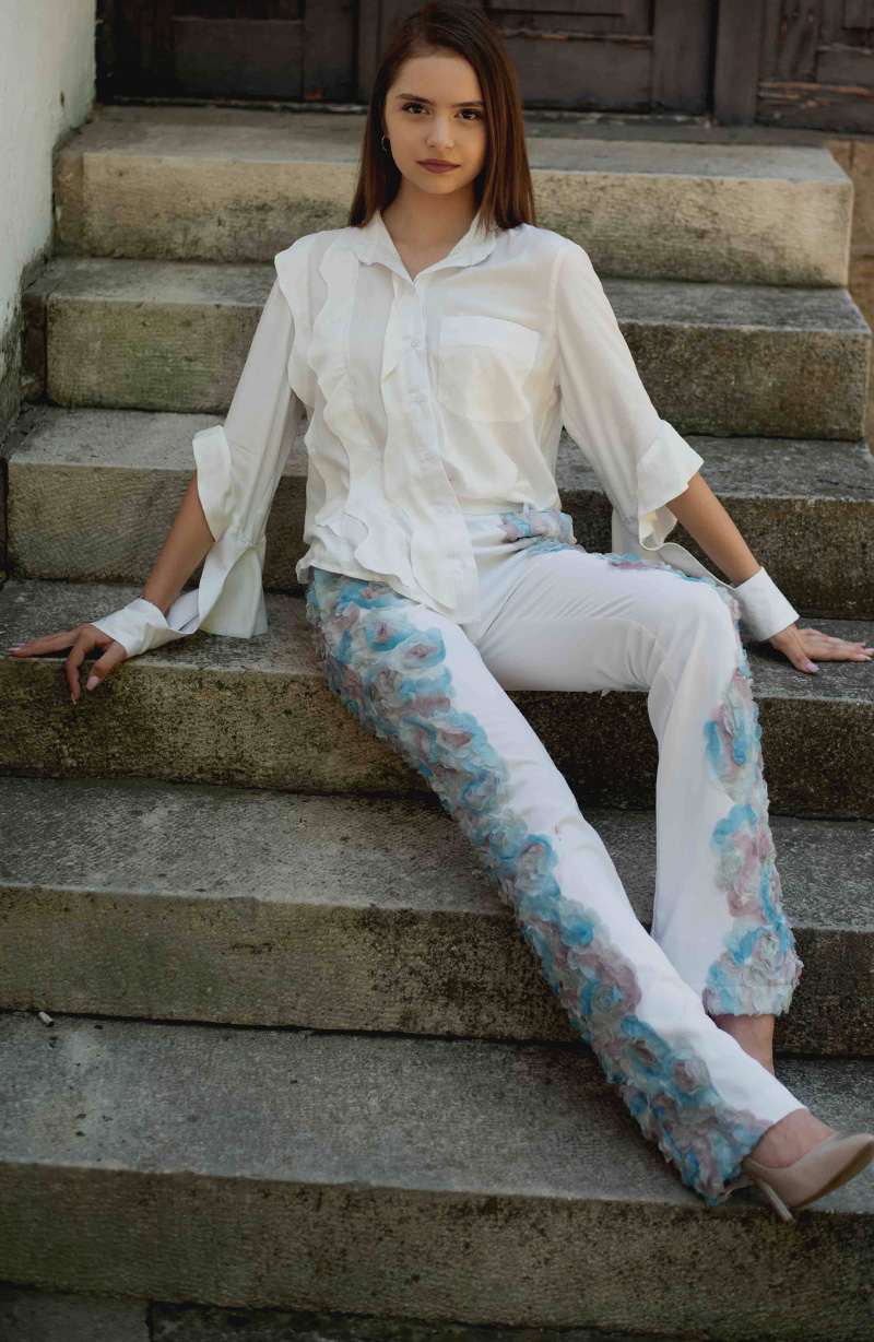 White Flared Pants with 3D Lace Detailing